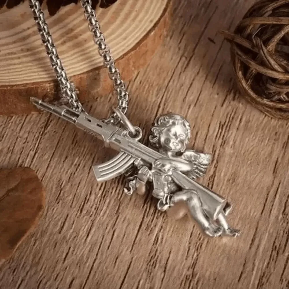 Angel Cherub Cupid AK47 Gun Stainless Steel Pendant Necklace